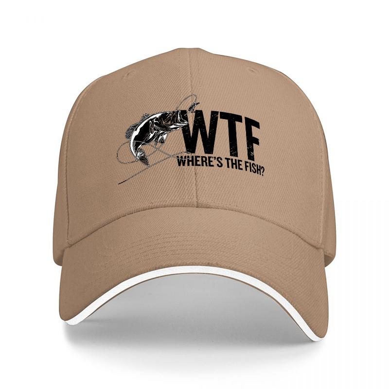 WTF WHERES THE FISH Black Baseball Cap with Fish Logo Design for Fishing Enthusiasts and Casual Wearers