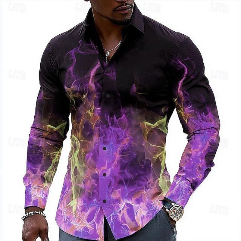 Mens 3d Flame Print Long Sleeve Casual Fashion Hawaiian Shirt