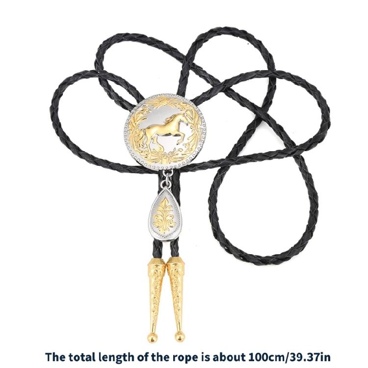 Adjustable Braided Leather Rope Bolo Tie with Metal Horse and Drop Pendant Western Necklace Vintage Necktie Neckwear