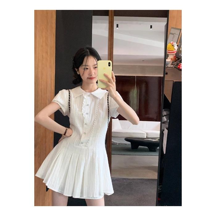 Sweet college style white bubble sleeve shirt dress women s summer small temperament waist and thin short skirt S