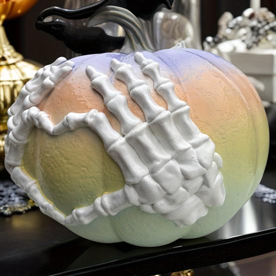 Skeleton Hand Pumpkin Figurine Resin Halloween Pumpkin Statue Gothic Pumpkin Centerpiece for Fall Halloween Party Decor
