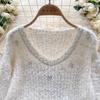 Autumn Winter Women Sweet V-neck Soft Furry Mohair Rhinestone Knitted Sweater Christmas Pullover Tops