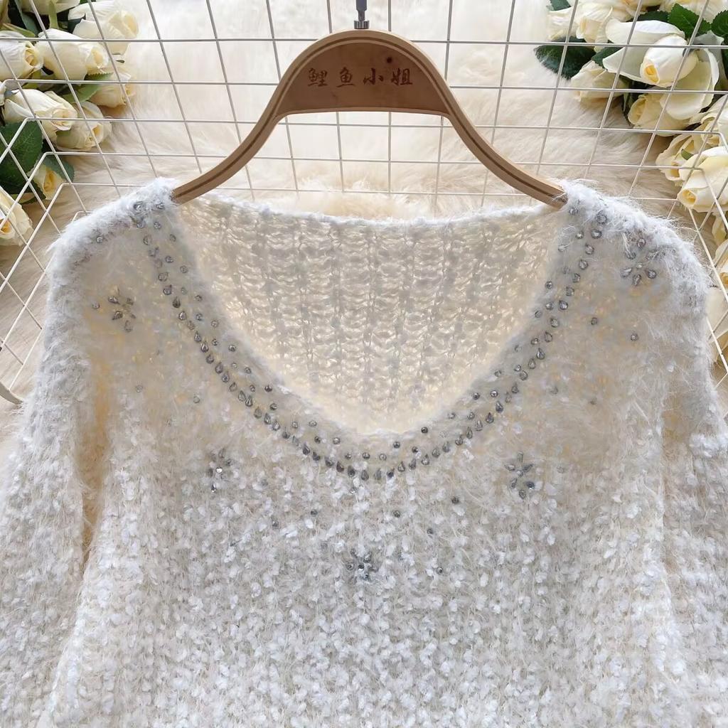 Autumn Winter Women Sweet V-neck Soft Furry Mohair Rhinestone Knitted Sweater Christmas Pullover Tops