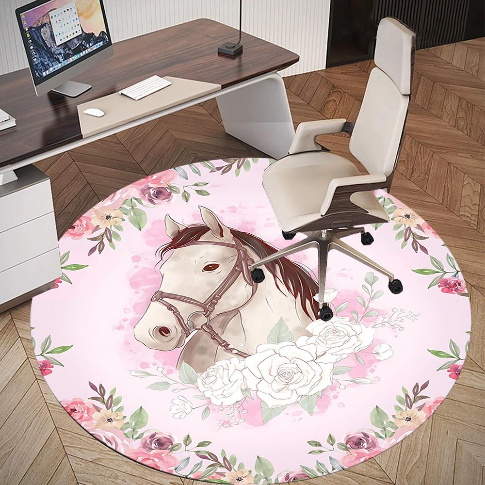 1pc Horse Floral Round Chair mat Area Rug - Non-Slip, Floor Mat for Office, Bedroom, and Indoor Decor c1125096