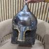 Handmade 16 Gauge Steel Medieval Helmet with Riveted Chainmail – Silver Polish & Decorative Golden, LARP Cosplay Gift