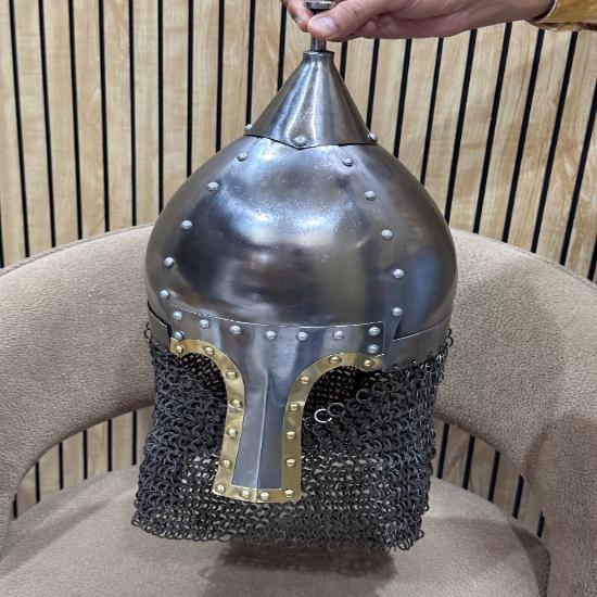 Handmade 16 Gauge Steel Medieval Helmet with Riveted Chainmail – Silver Polish & Decorative Golden, LARP Cosplay Gift