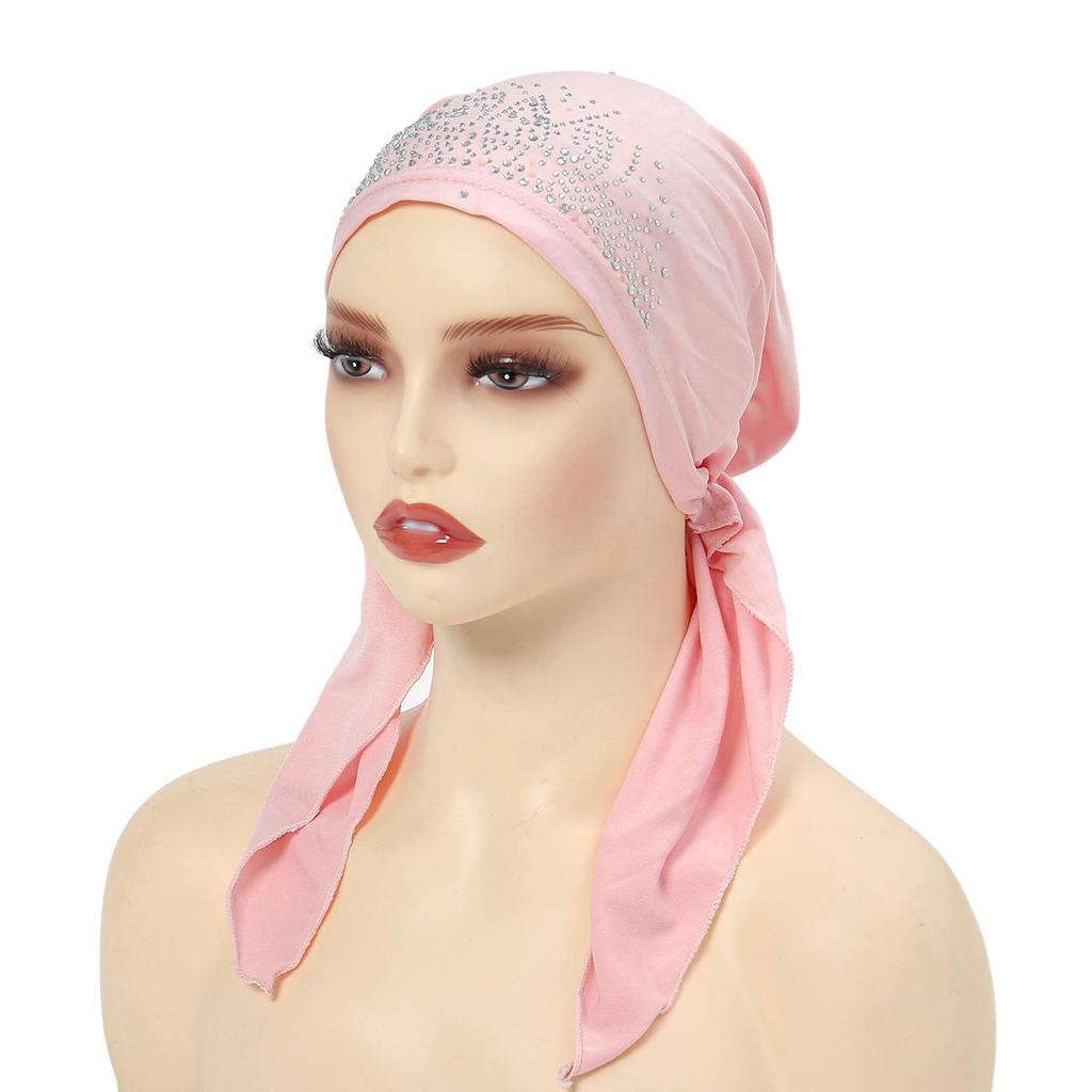 Neue Gebogene Strass Elastische Hijab Mütze mit Einfarbiger Indischer Kopftuch Stil