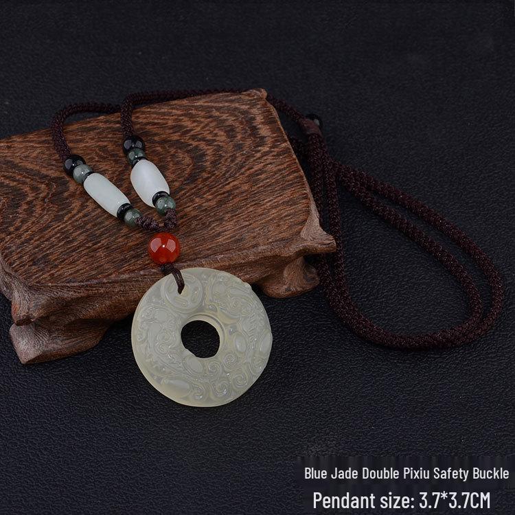 Blue Jade Pendant Necklace with White Jade Pixiu for Men & Women, Sweater Chain Cotton Linen Gift