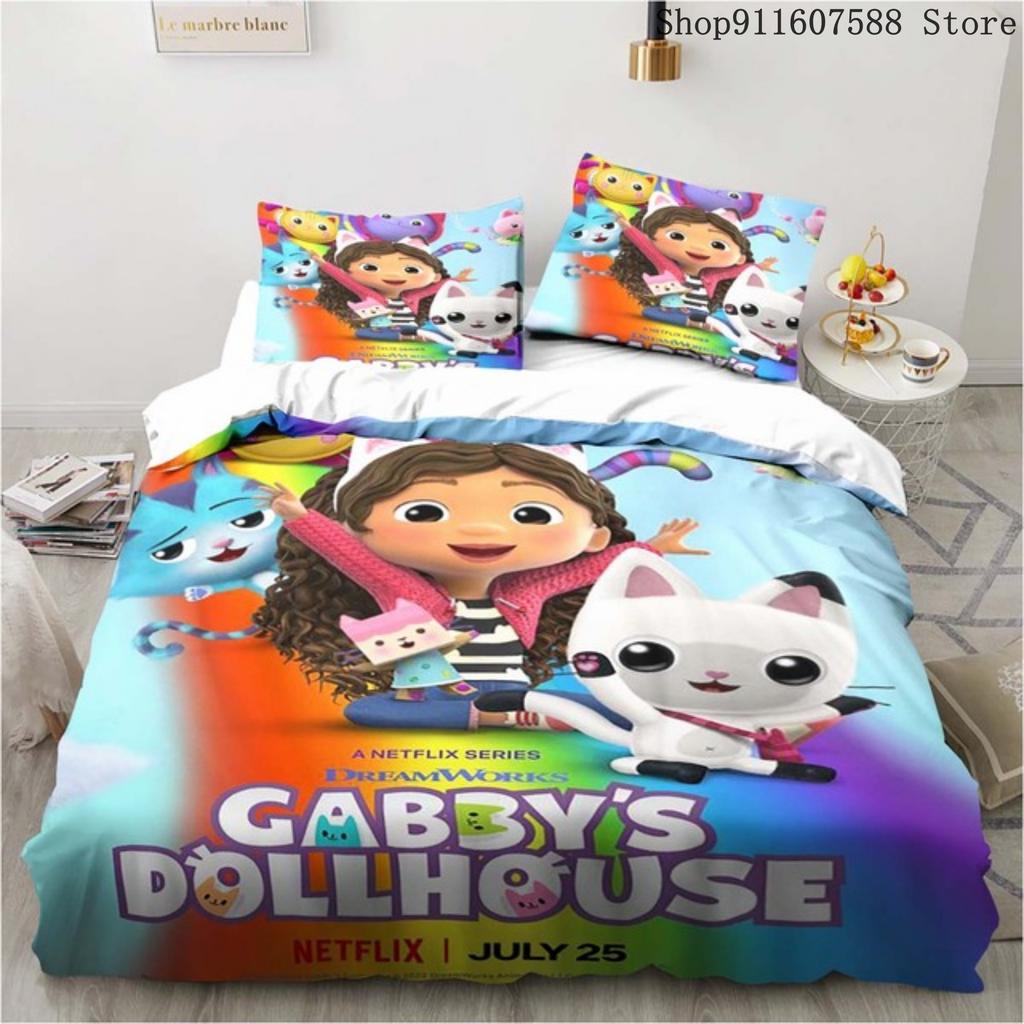 Gabby's Dollhouse Bedding Set Kawaii Bed Linen Set Single Double Size Home Decor For Girls Kids Cartoon Cute Cat Duvet Cover Set