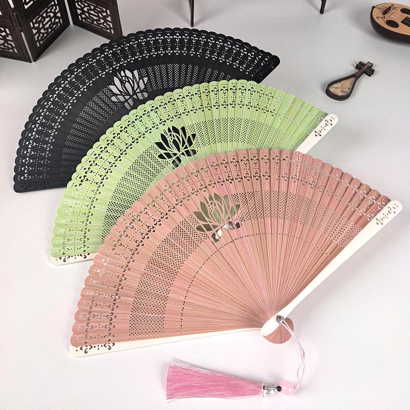 Luxury Bamboo Lotus Carved Tassel Folding Fan