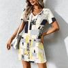 Mode d'été pour femmes Robe à col en V à manches courtes avec imprimé géométrique rétro Jupe courte sexy Robes