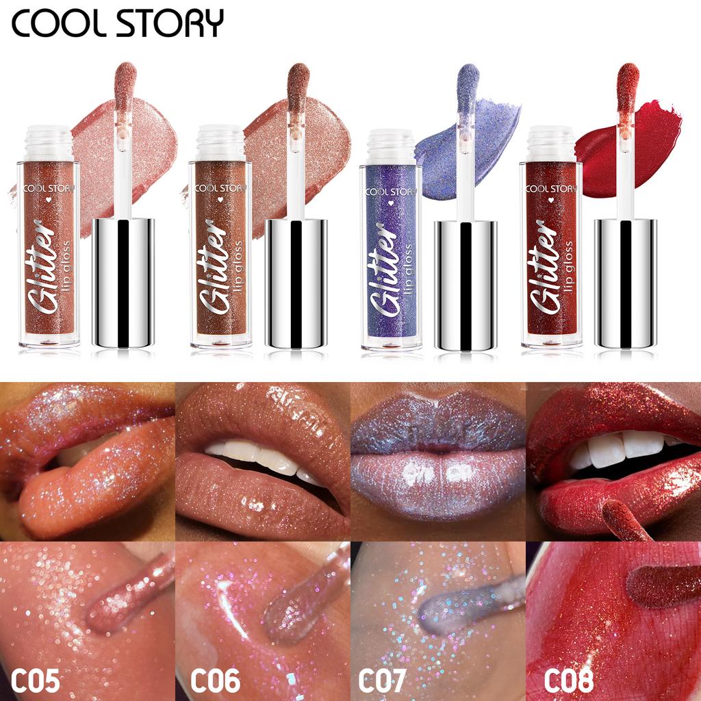 4 Pearlescent Sparkling Lip Gloss Set, 3D Dazzling Polarized Liquid Fine Sparkling Lip Cosmetics, Long-lasting Non-stick Cup Lip Gloss Set