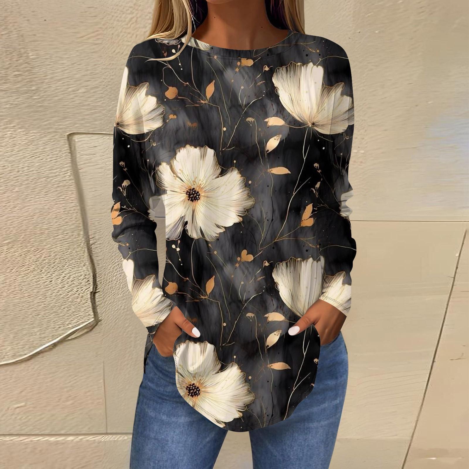 

Футболки для женщин, осенние повседневные рубашки с длинными рукавами, толстовка с ретро-принтом, топ, пуловер L золотой