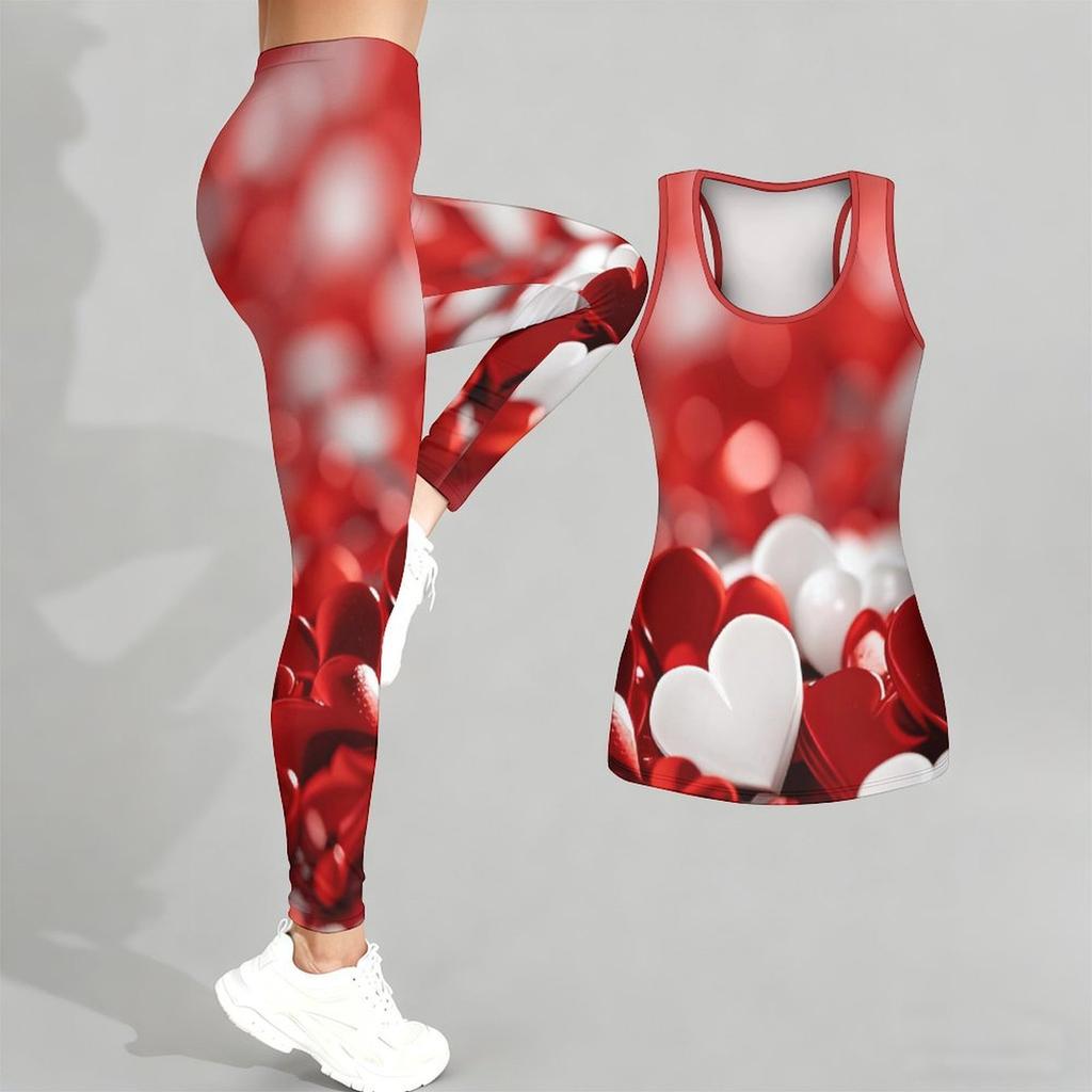 Completo Yoga Stampato a Forma di Cuore per Donna Moda Leggings da Allenamento Fitness Sportivo Set Yoga Casual Tuta Sportiva Esclusiva per San Valentino