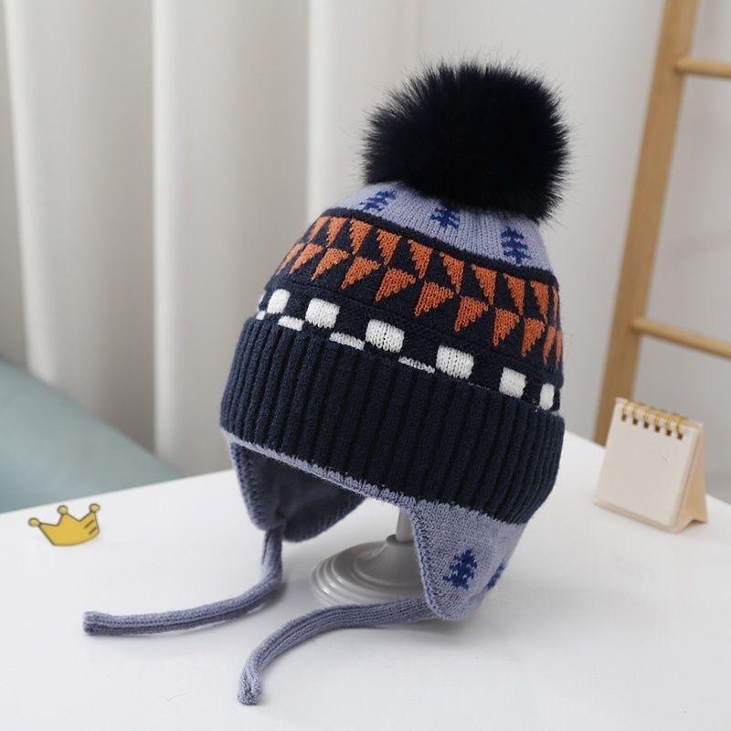 Autumn and Winter Boys and Girls Rhombus Windproof Ear Hats Baby Knitted Thickened Wool Hats Winter Children's Warm Hats