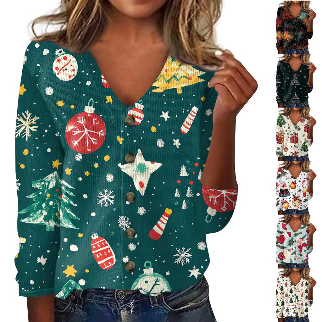 Women's Fashion Print Long Sleeve Knitted Cardigan Button Up Jacket