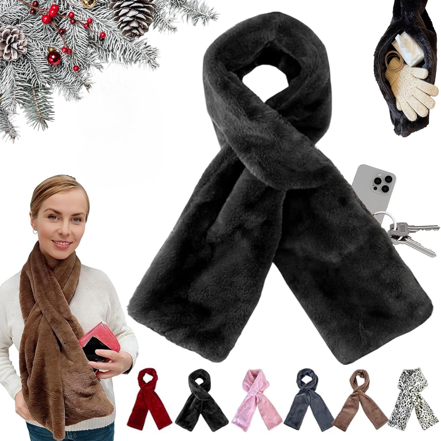Шарф из искусственного меха со скрытым карманом на молнии, мягкий уютный теплый шарф-карман для хранения без рук телефона, карточек, ключей