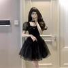 Women's Summer Vintage French Black Dress Design Square Neck Bubble Sleeve Short Dress
