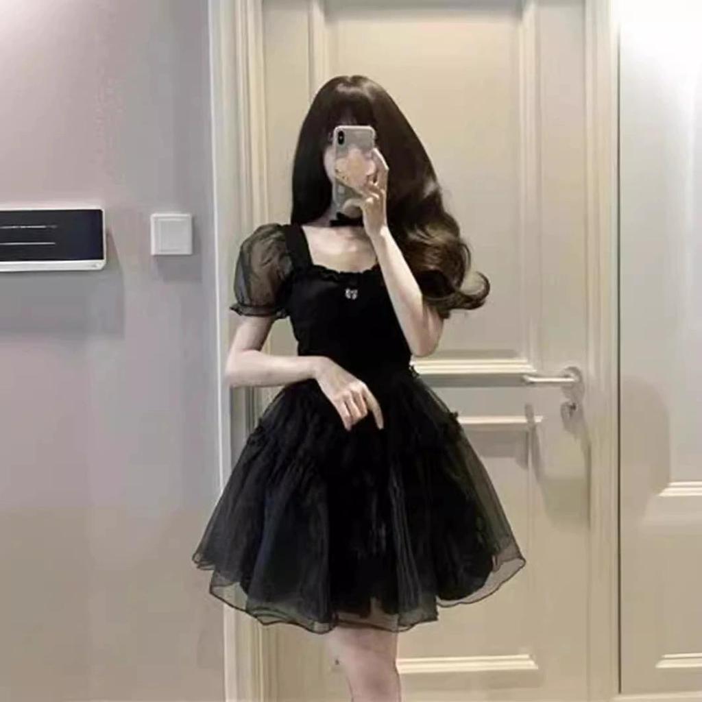 Women's Summer Vintage French Black Dress Design Square Neck Bubble Sleeve Short Dress