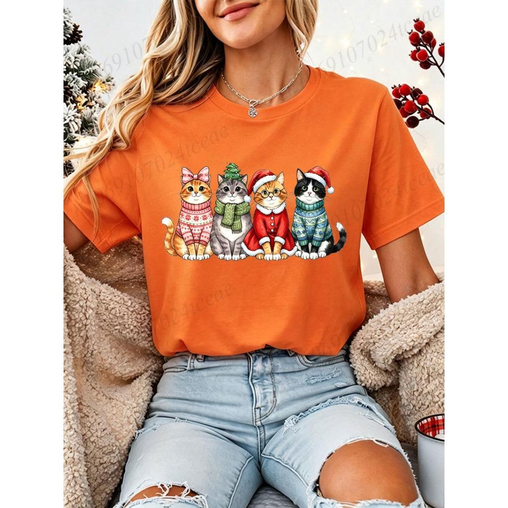Xmas Cats Printed T‑Shirt Women Funny Cat Graphic Christmas Party Casual Short Sleeve Tops Family Holiday