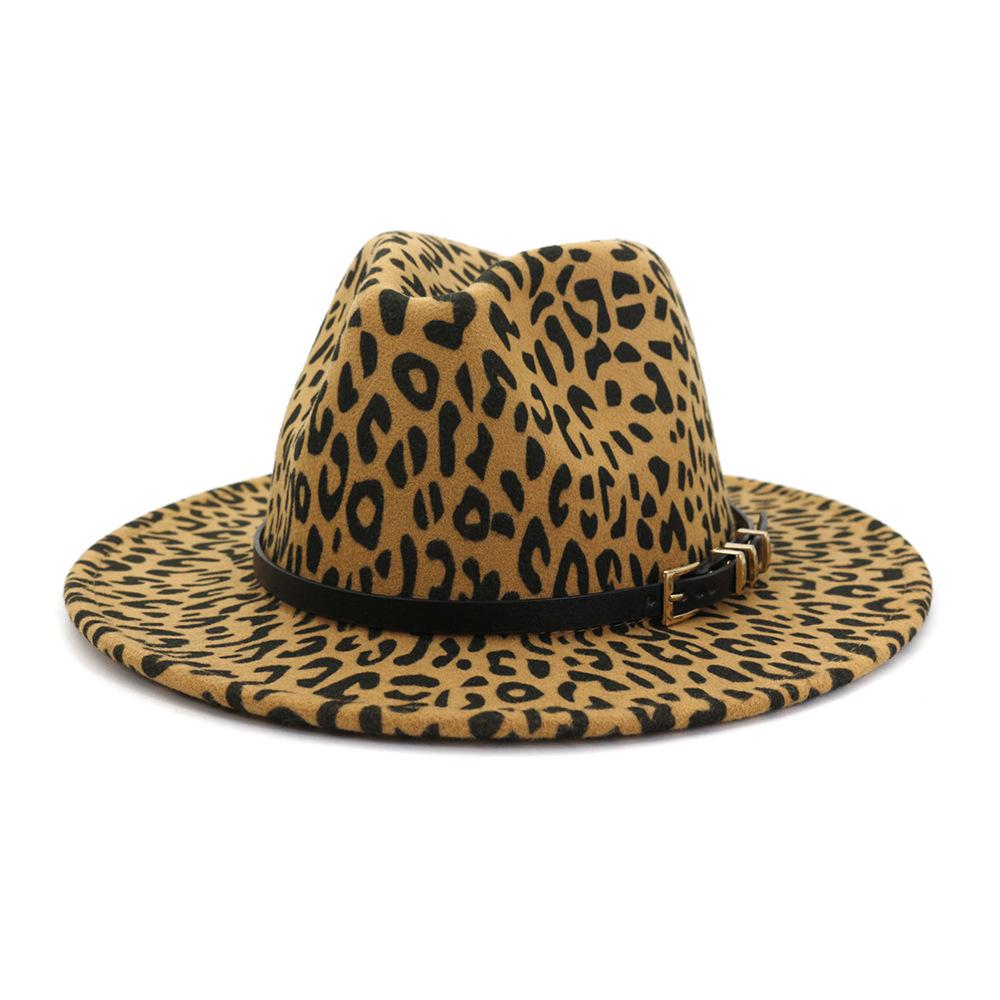 Wzcx Fashion Belt Flat Top Women Leopard Felt Hat Autumn Winter Casual Tide Personality Girls Jazz Hat Adult Cap