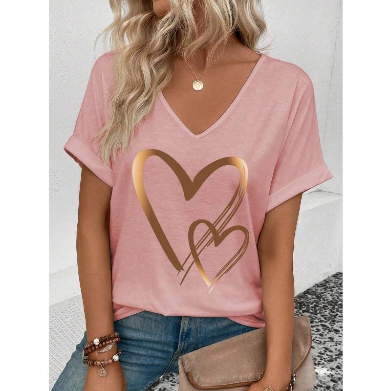 Casual Women's V-neck T-shirt T-shirt Summer Outdoor Fashion Short Sleeve Simple Pattern Printed Versatile Size Women's Clothing