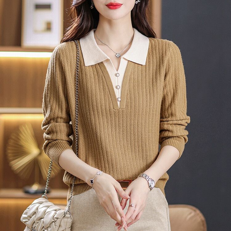 Loose and Thin Women's Sweater Lapel Top New Style Sweater Sweater Bottoming Western Style Autumn and Winter Knitted Fake Two Pieces