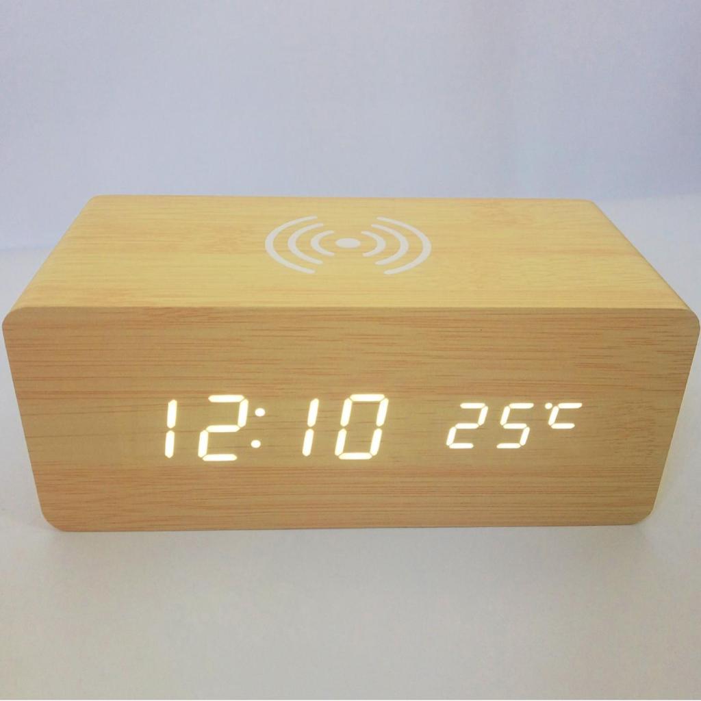 Smart LED Wooden Alarm Clock with Wireless Charging and Voice Activation