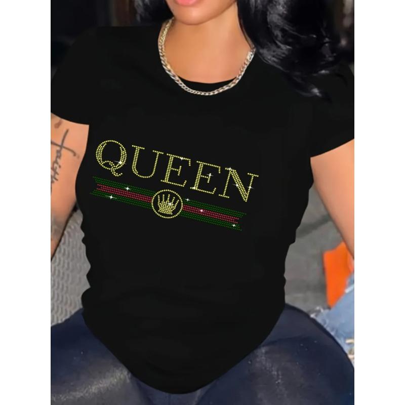 Rhinestone Queen Letter Print Comfortable and Soft Sports T-shirt Short Sleeve Causal Running Crew Neck Top Women's Activewear
