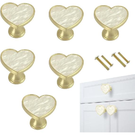 6 Pcs Brass Heart-Shaped Gold Cabinet Knobs, Suitable for Bathroom & Kitchen Drawer Pulls