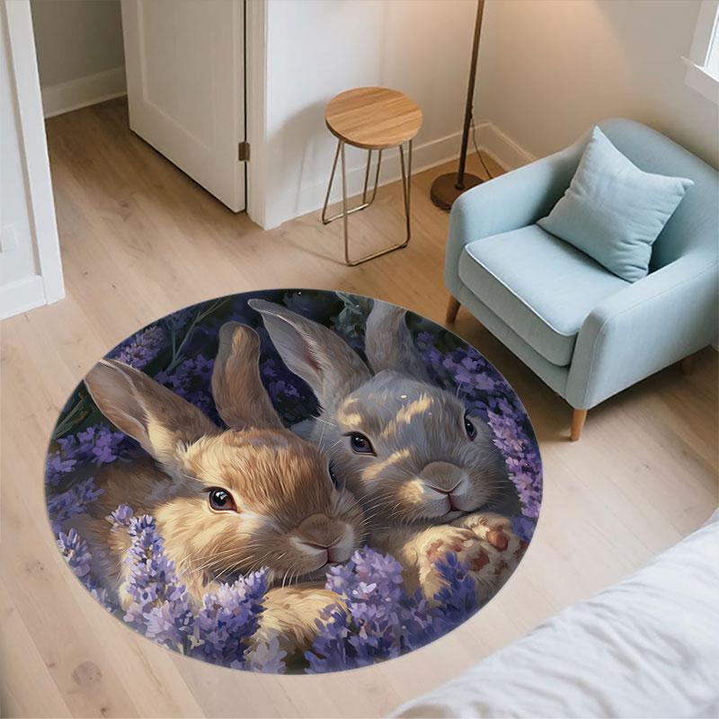 Rabbits & Fresh Flowers pattern round rug,Carpet Rug for Living Room Bedroom Playroom ,Non-slip Floor Mat,Holiday Gifts and Birthday Gifts.