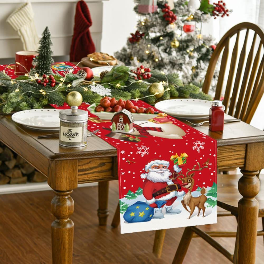 Christmas Red Plaid Table Runner with Gnome Snowman Print for Home Dining Room Decor