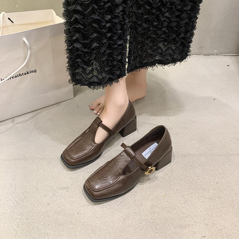 Square Head Thick Heel Single Shoes Women's Spring and Autumn New High Heels Mary Jane Small Leather Shoes