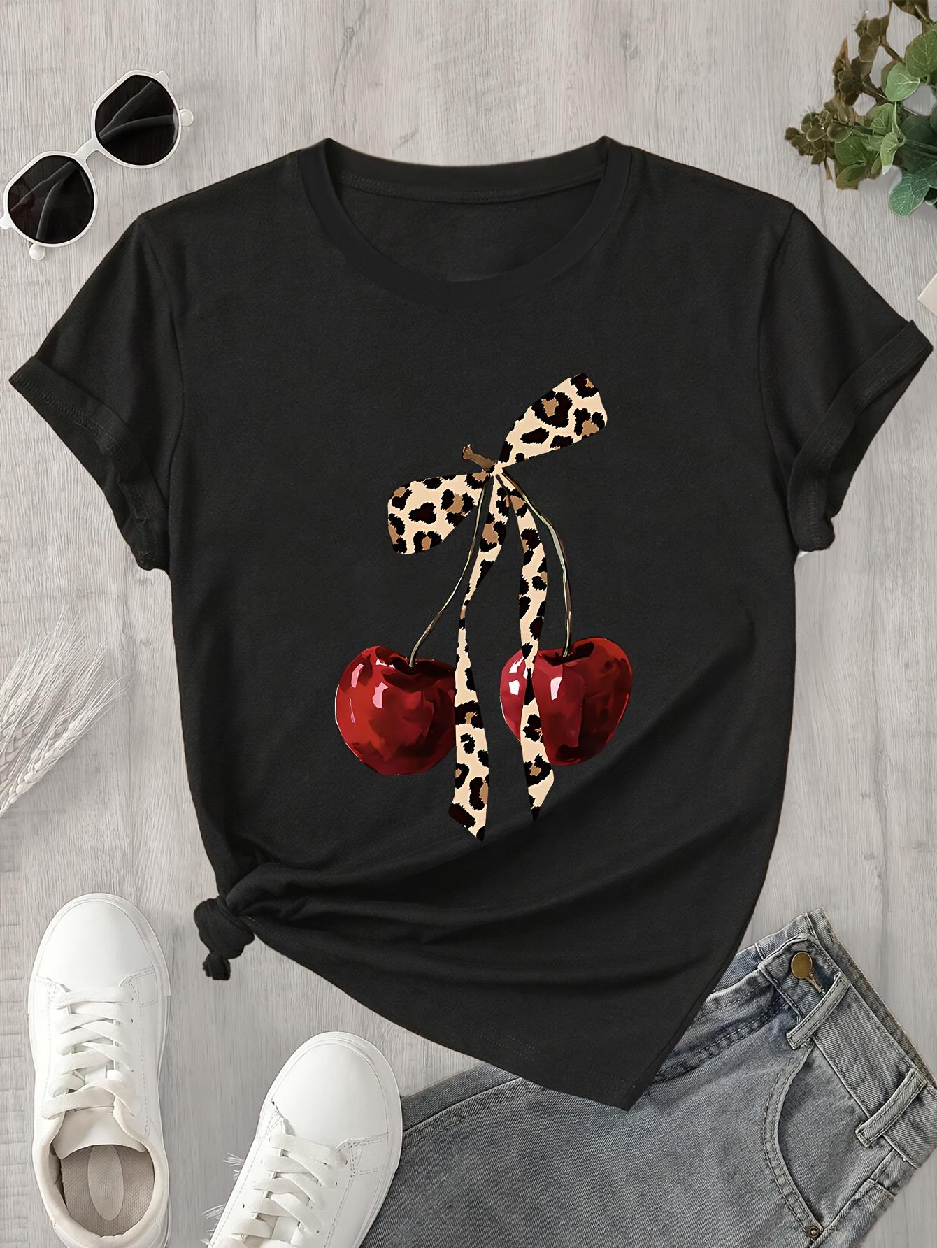 

Lightweight & Breathable Spring Everyday Glossy Fabric Cherry Women S Casual with Leopard Bow Detail Crew 4XL