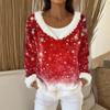 Women's Fashion Plush V Neck Pullover Top Long Sleeve Tee Christmas Printed Sweatshirt