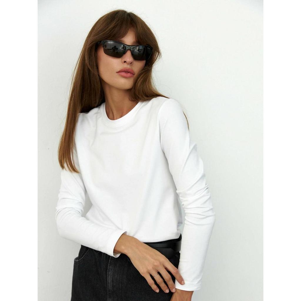 Casual Fashion Long Sleeve Women's 100% Cotton T-Shirt, Spring Versatile Basic Crew Neck Pullover Tee for American & European Commute Style