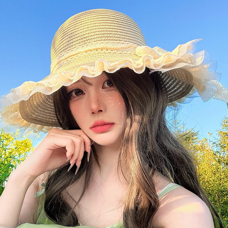 Lace Bowknot Sunshade Straw Hat for Women, Summer Country Style Wide Brim Sun Protection Hat for Travel, Vacation, and Beach