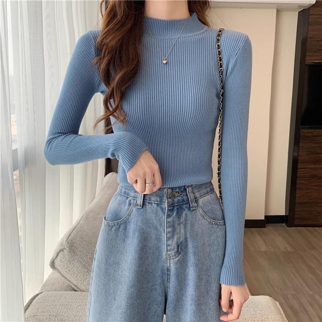 Spring and Autumn Winter Long Sleeve Sweater Women's Interior Tailored Bottom Shirt Half High Collar Korean Edition Knitted Shirt Women's Top