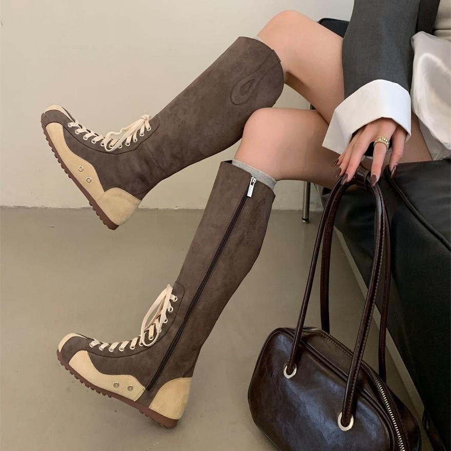 Europe, America 2025 new autumn and winter 2025 suede medium boots round head thick heel Martin boots women's lace-up boots