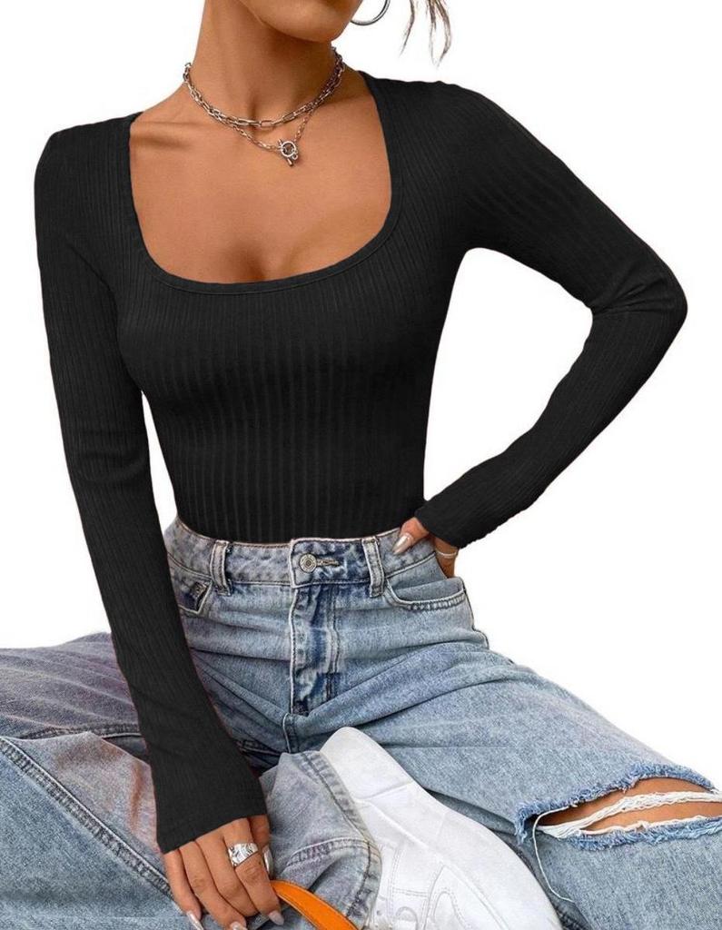 Evropský & Americký Žebrovaný Crew Neck Jednobarevný Jasný Dámský Jarní Crop Top Bodycon Dlouhý Rukáv