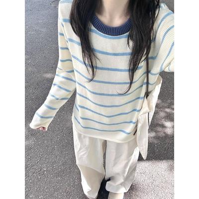 French Gentle Wind Color Matching Striped Knitted Sweater Women's Autumn New Loose Temperament Long-sleeved Crew Neck Top