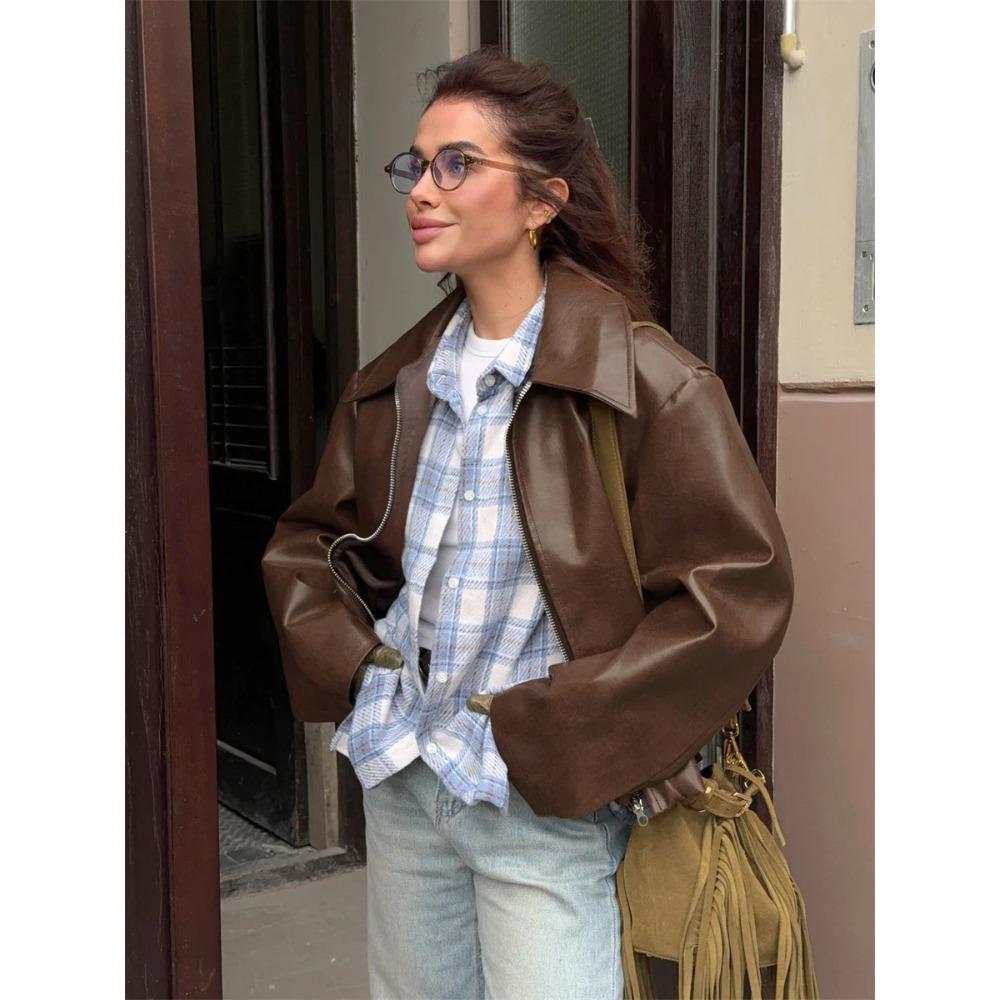 Women Vintage Wine Red Faux Leather Jakcet Fashion Outerwear Zipper Lapel Pu Coats Autumn Winter Streetwear Ladies Short Tops