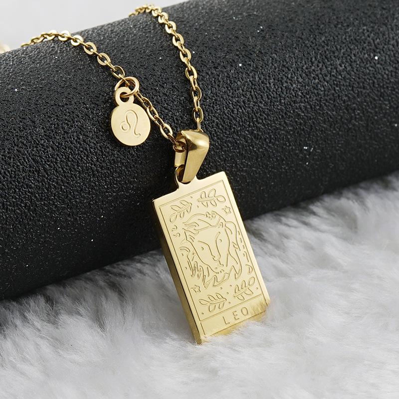 18K Gold Stainless Steel Zodiac Pendant Necklace - Square Constellation Design for Women
