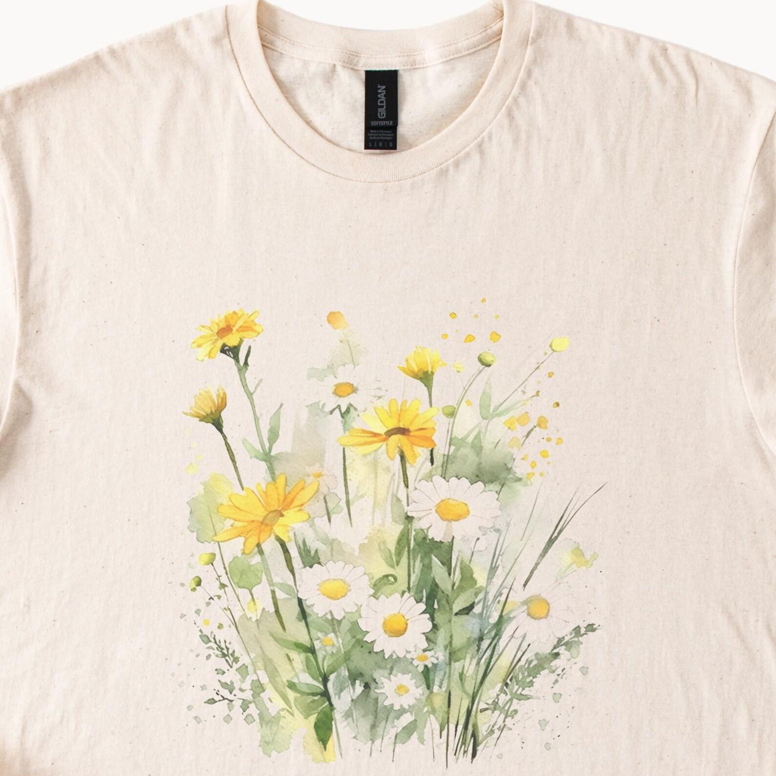 Yellow Daisy Flower Graphic T Shirt Watercolor Botanical Floral Tee Nature Inspired Artistic Flower Shirt Gift for Her Summer Outfit 150
