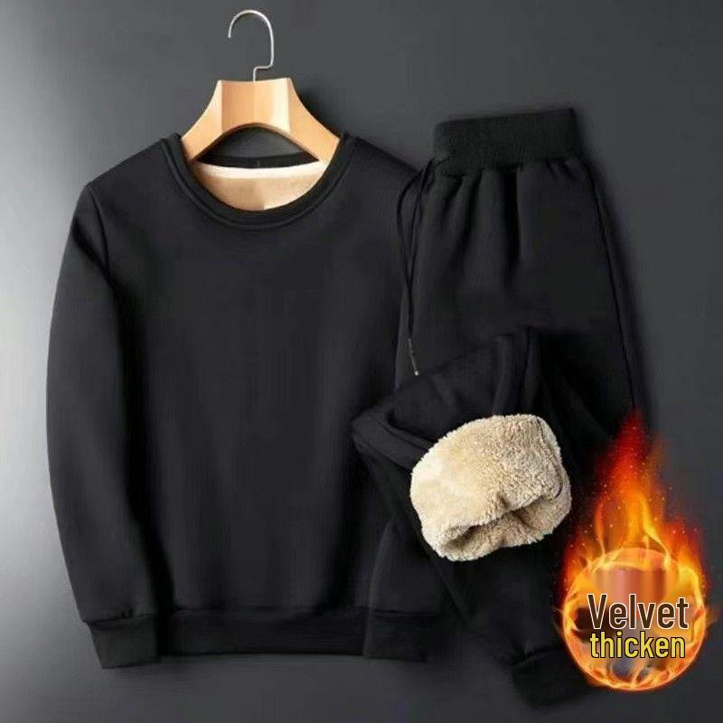 Pánská třídílná zimní sada: Kabát z jehněčí vlny, Volné ležérní kalhoty plus size, Trendy mikina