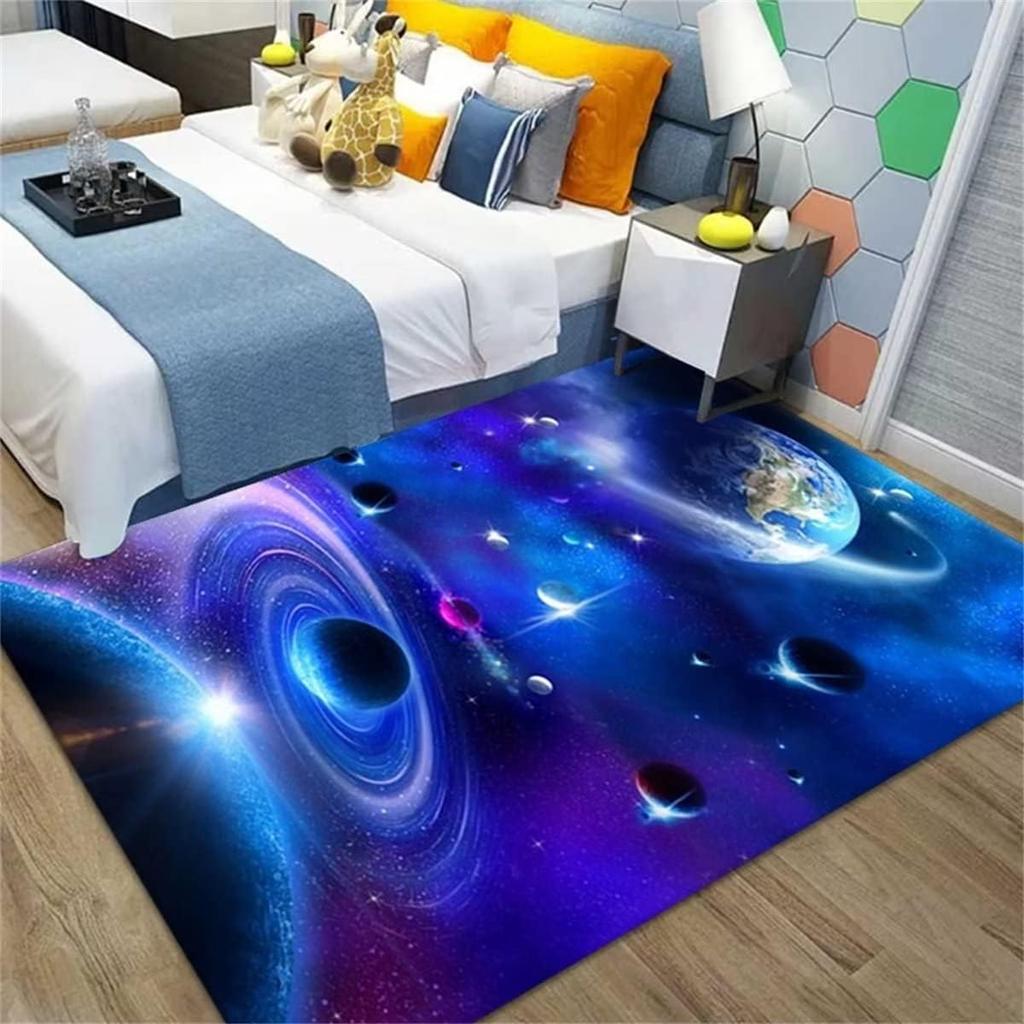 Space Carpet Galaxy Universe Pattern Mat Earth Black Hole Nebula Design Kids Bedroom Decorative Rug Suitable for Living Room