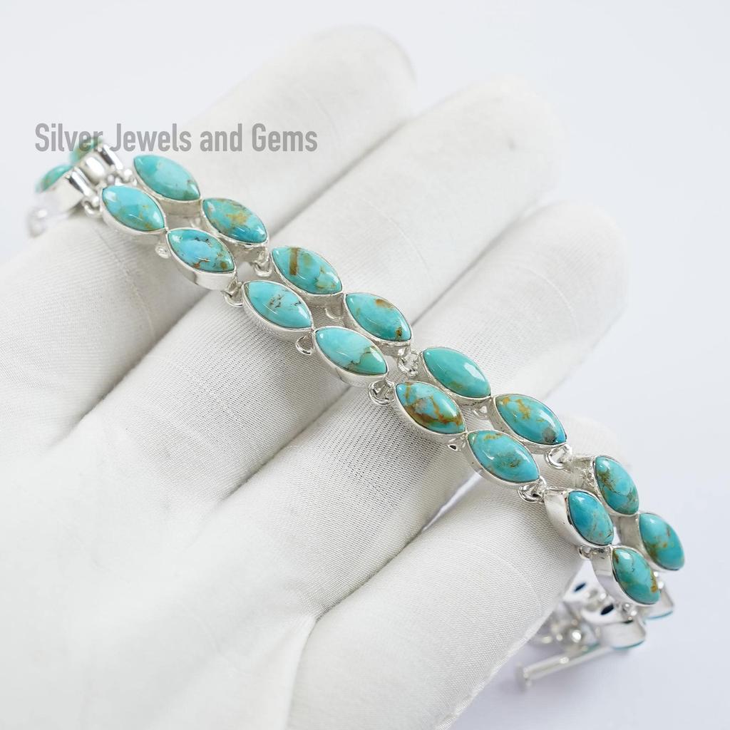 Natural Turquoise Bracelet, 2 Line Cluster Bracelet, 925 Sterling Silver Bracelet, Multi Stone Bracelet, Wedding Bracelet, Handmade Bracelet