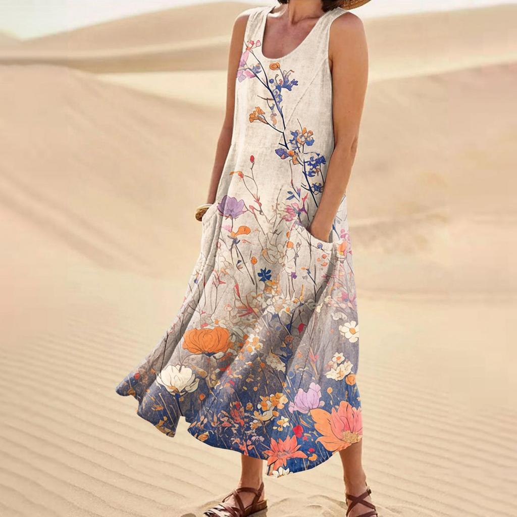 Women's Casual Fashion Flower Printed Sleeveless Pocket Dress