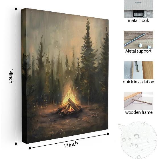 APJYM Rustic Pine Tree Forest Camfire Camping Wall Art, Vintage Dark Moody Wood Land Nauture Landscape Canvas Wall Art for Cabin Camper Home, 11x14