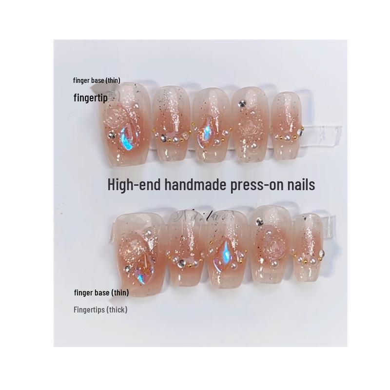 Wearable Handmade Aurora Diamond Camellia Nude False Nail Tips